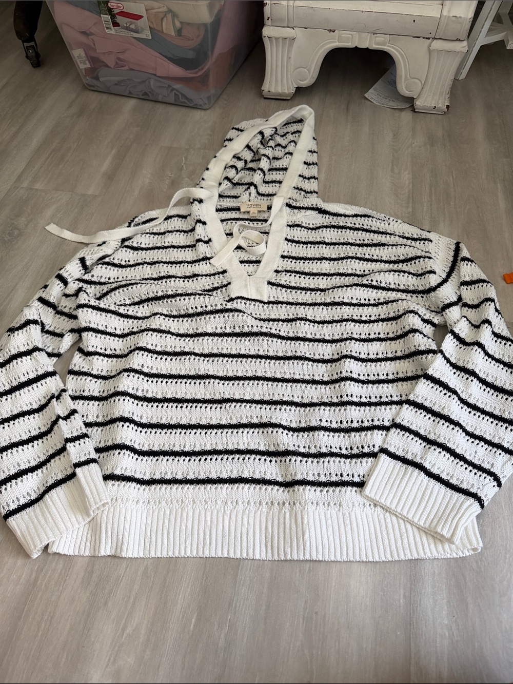 Haven Well Within Striped V-Neck Hooded Sweater - White & Black